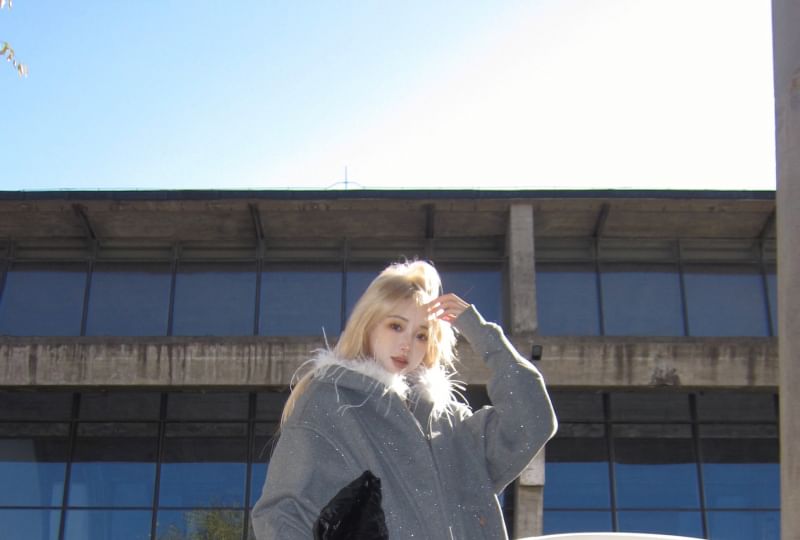 Glitter Furry-Trim Hooded Sweatshirt Jacket / Mini Skirt