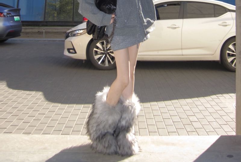 Glitter Furry-Trim Hooded Sweatshirt Jacket / Mini Skirt