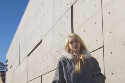 Glitter Furry-Trim Hooded Sweatshirt Jacket / Mini Skirt