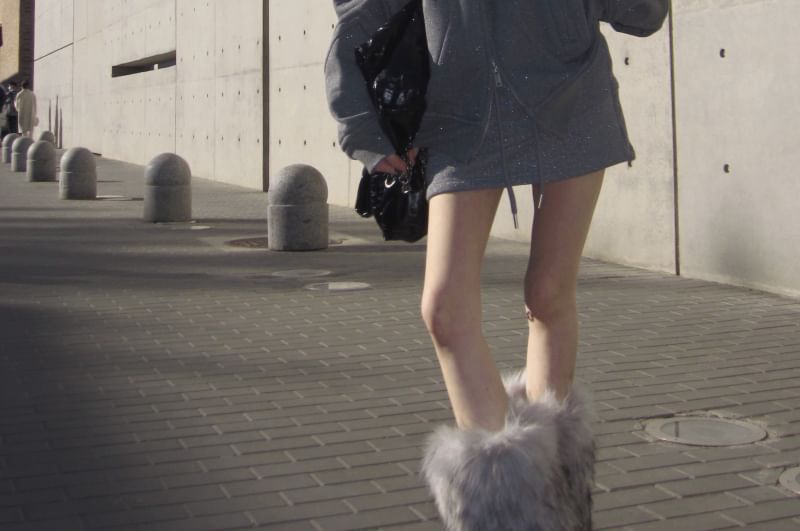 Glitter Furry-Trim Hooded Sweatshirt Jacket / Mini Skirt