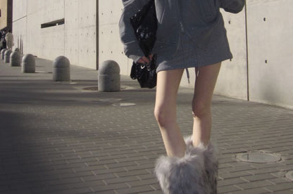 Glitter Furry-Trim Hooded Sweatshirt Jacket / Mini Skirt