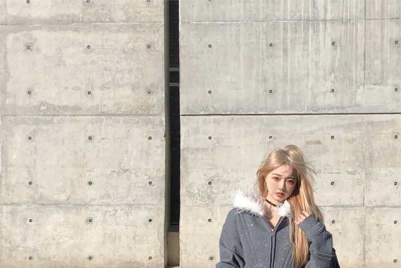 Glitter Furry-Trim Hooded Sweatshirt Jacket / Mini Skirt
