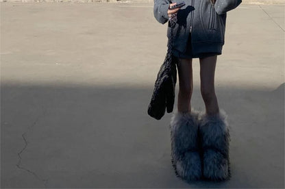 Glitter Furry-Trim Hooded Sweatshirt Jacket / Mini Skirt