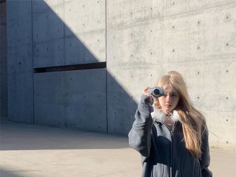 Glitter Furry-Trim Hooded Sweatshirt Jacket / Mini Skirt