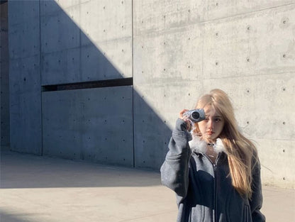 Glitter Furry-Trim Hooded Sweatshirt Jacket / Mini Skirt