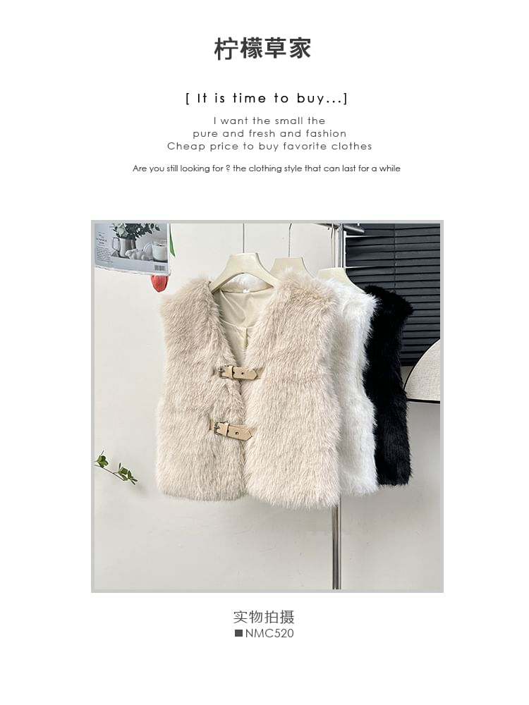 Buckled Faux-Fur V-Neck Vest Jacket
