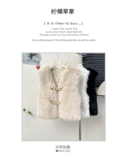 Buckled Faux-Fur V-Neck Vest Jacket