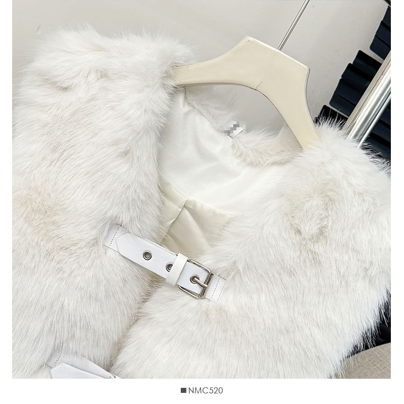 Buckled Faux-Fur V-Neck Vest Jacket