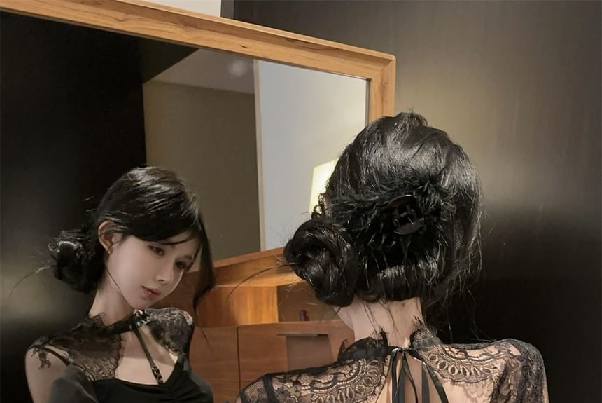 Cutout Back Lace Top with Stand Collar and Long Sleeves