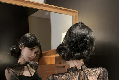 Cutout Back Lace Top with Stand Collar and Long Sleeves