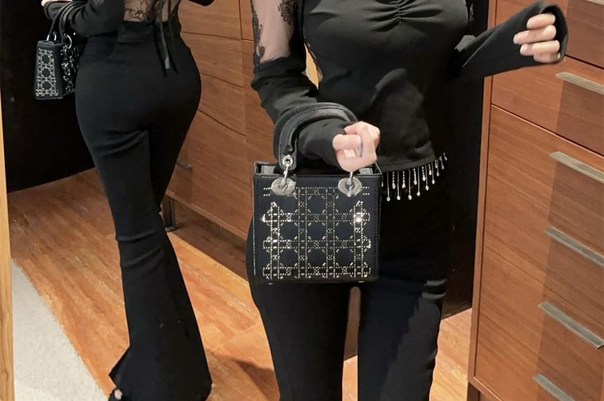 Cutout Back Lace Top with Stand Collar and Long Sleeves