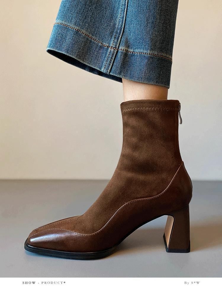 Block Heel Faux Leather Short Boots