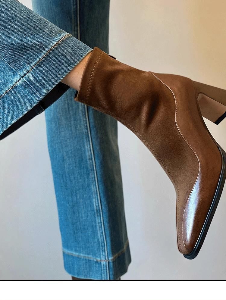 Block Heel Faux Leather Short Boots