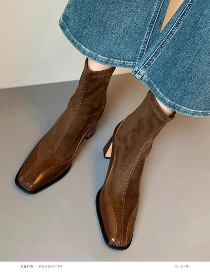 Block Heel Faux Leather Short Boots