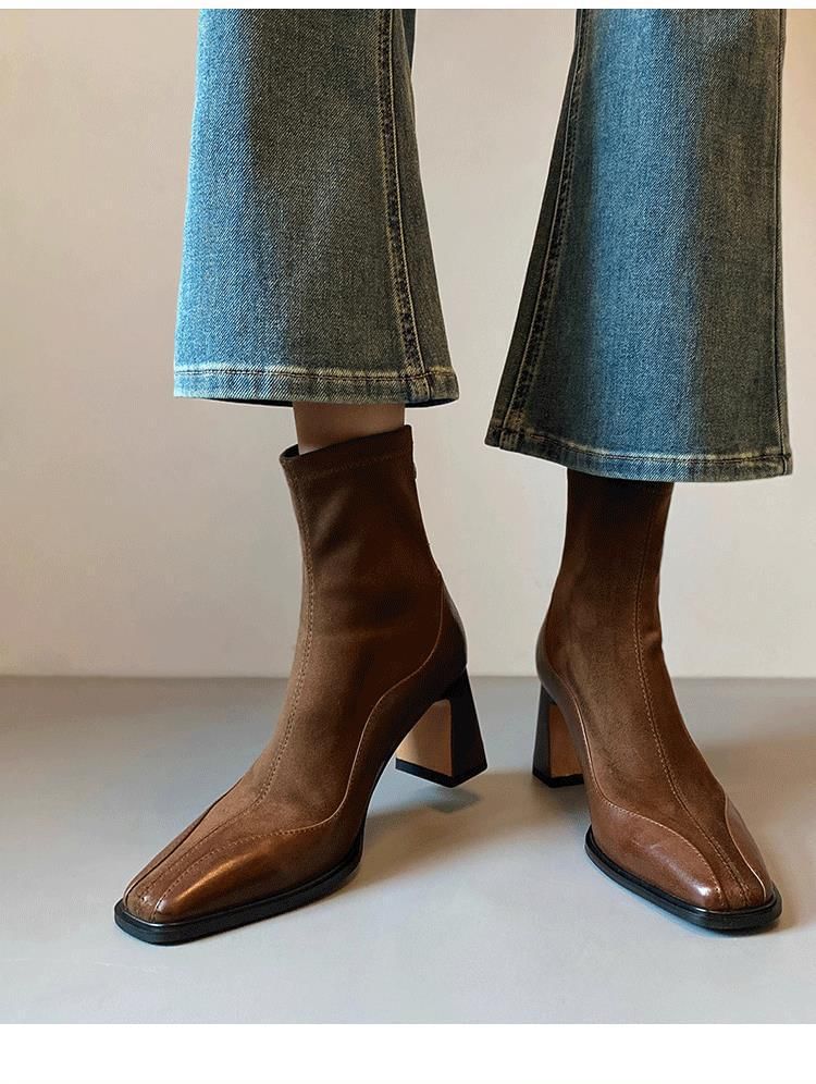 Block Heel Faux Leather Short Boots