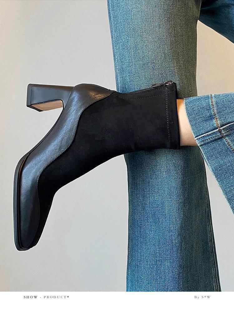 Block Heel Faux Leather Short Boots