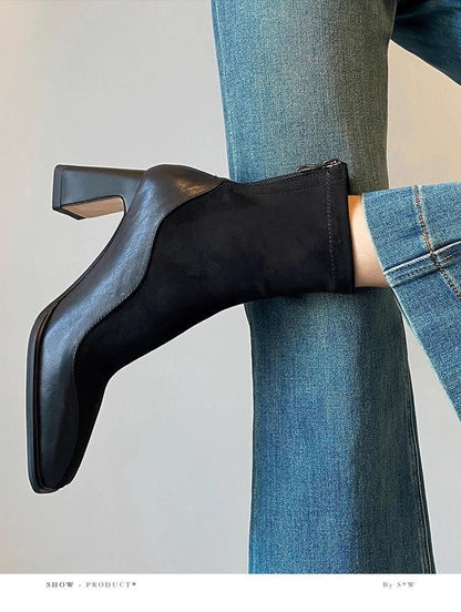 Block Heel Faux Leather Short Boots