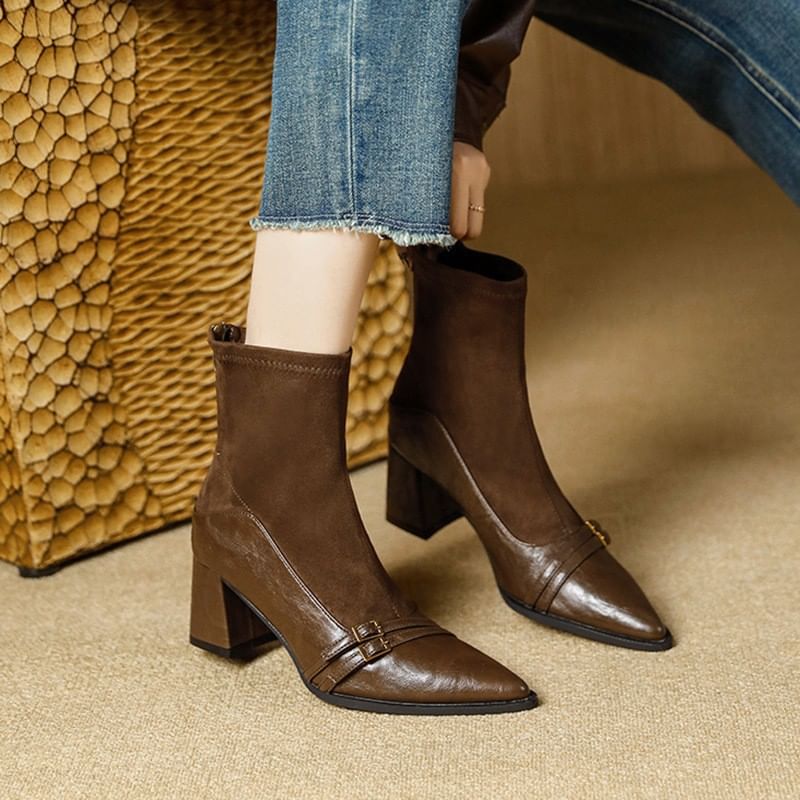 Block Heel Pointed Short Boots