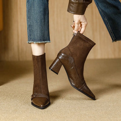 Block Heel Pointed Short Boots