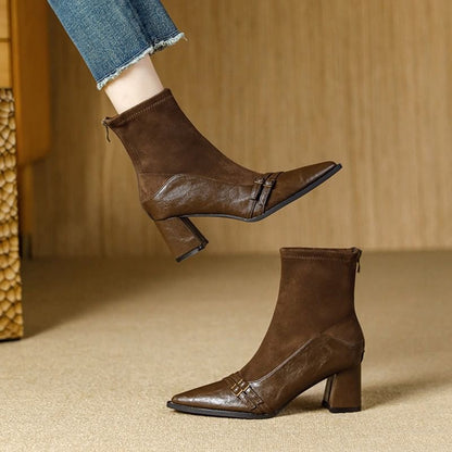 Block Heel Pointed Short Boots