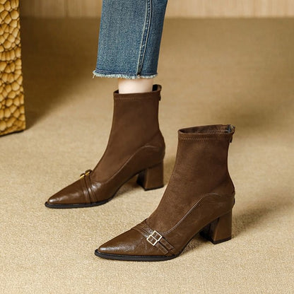Block Heel Pointed Short Boots