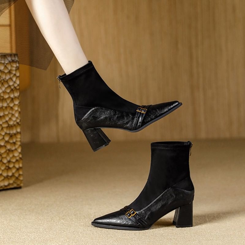 Block Heel Pointed Short Boots