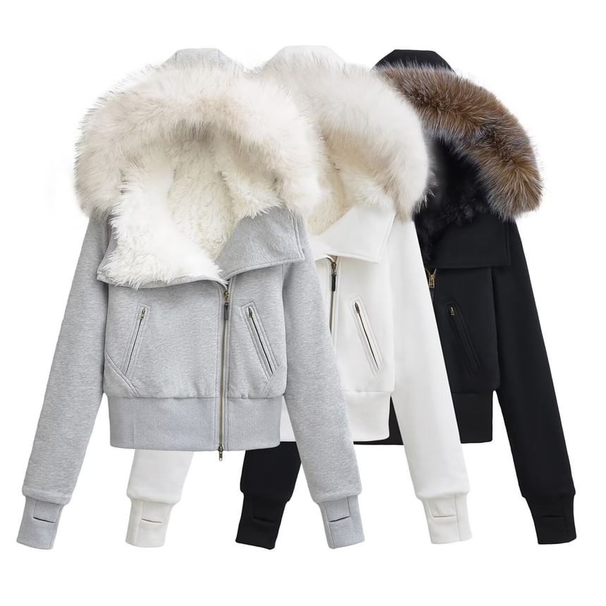 Long Sleeve Plain Fleeced Furry-Trim Hooded Zip-Up Jacket