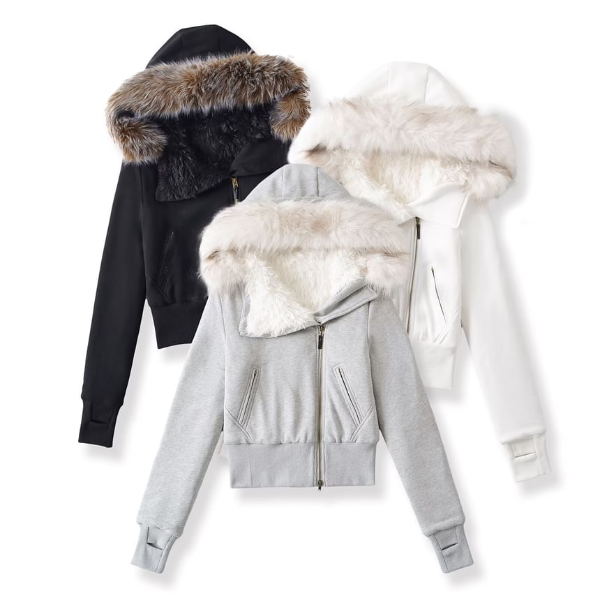 Long Sleeve Plain Fleeced Furry-Trim Hooded Zip-Up Jacket