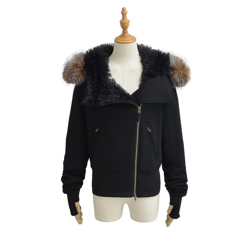 Long Sleeve Plain Fleeced Furry-Trim Hooded Zip-Up Jacket
