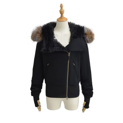 Long Sleeve Plain Fleeced Furry-Trim Hooded Zip-Up Jacket
