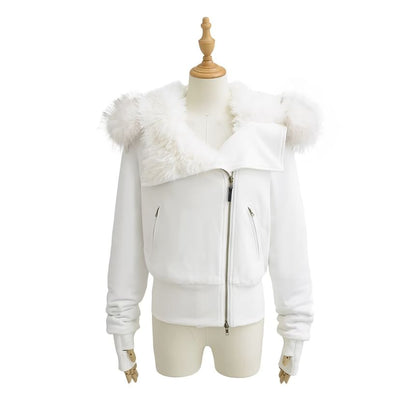 Long Sleeve Plain Fleeced Furry-Trim Hooded Zip-Up Jacket