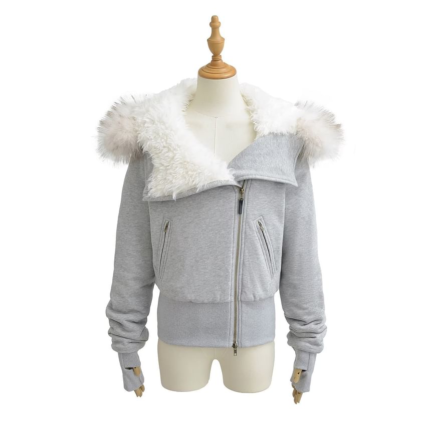 Long Sleeve Plain Fleeced Furry-Trim Hooded Zip-Up Jacket