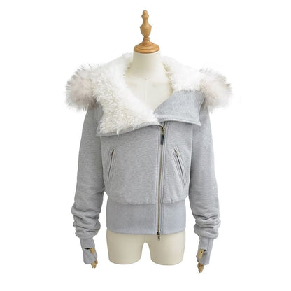 Long Sleeve Plain Fleeced Furry-Trim Hooded Zip-Up Jacket