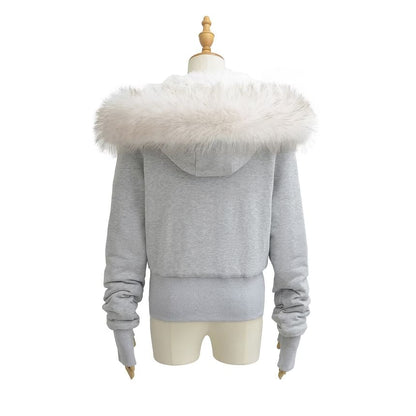 Long Sleeve Plain Fleeced Furry-Trim Hooded Zip-Up Jacket