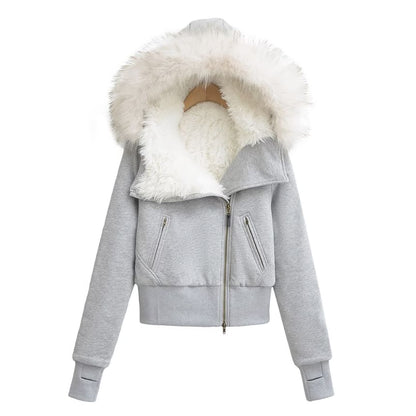 Long Sleeve Plain Fleeced Furry-Trim Hooded Zip-Up Jacket