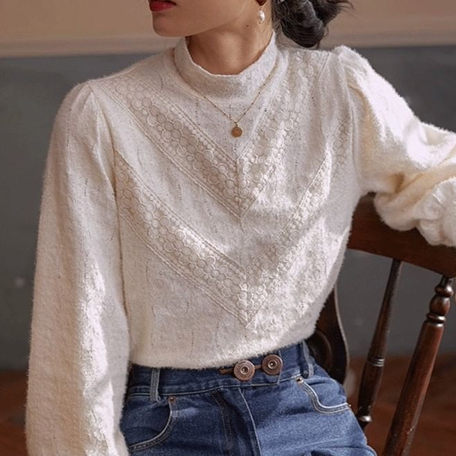 Mock Neck Lace Blouse with Long Sleeves