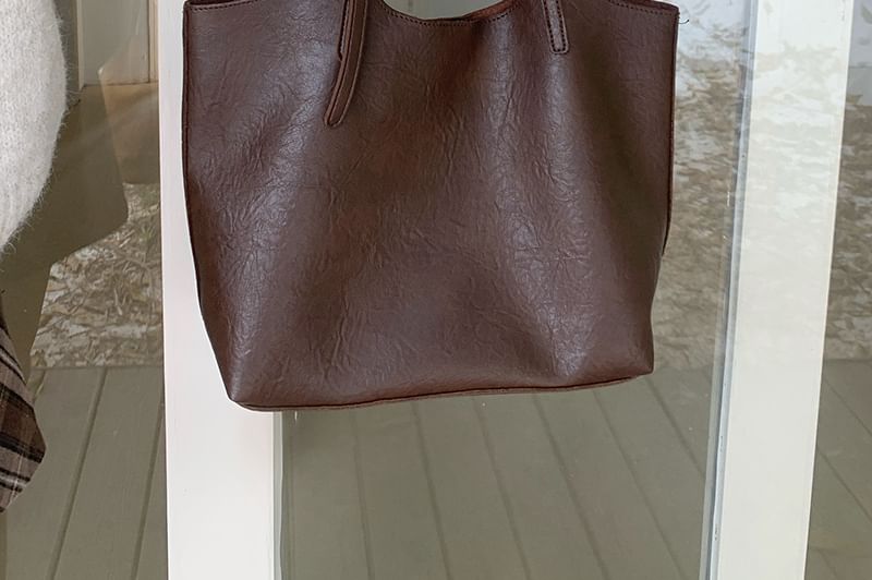 Faux Leather Tote Bag With Pouch