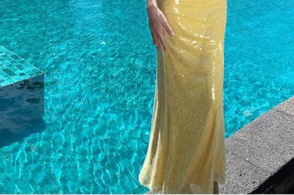 Gown Plain V-Neck Evening Sleeveless Sequin Sheath