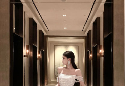 Sleeveless Off Shoulder Plain Sequin Slit A-Line Evening Gown