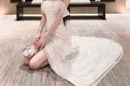 Sleeveless Off Shoulder Plain Sequin Slit A-Line Evening Gown