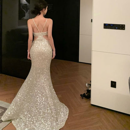 Spaghetti Strap V-Neck Plain Sequin Cutout Trumpet Evening Gown