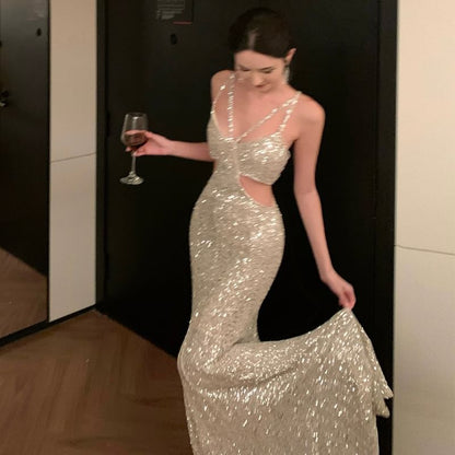 Spaghetti Strap V-Neck Plain Sequin Cutout Trumpet Evening Gown