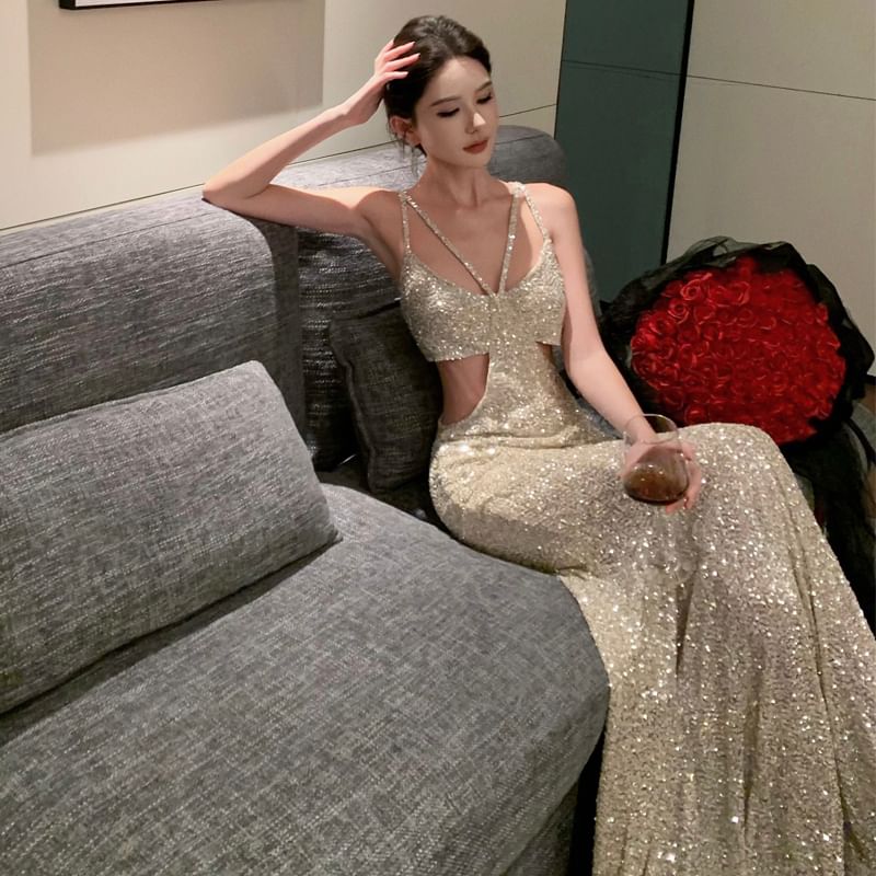 Spaghetti Strap V-Neck Plain Sequin Cutout Trumpet Evening Gown