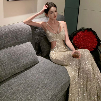 Spaghetti Strap V-Neck Plain Sequin Cutout Trumpet Evening Gown
