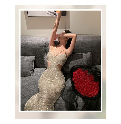 Spaghetti Strap V-Neck Plain Sequin Cutout Trumpet Evening Gown