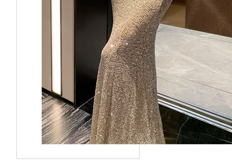 Spaghetti Strap V-Neck Plain Sequin Cutout Trumpet Evening Gown