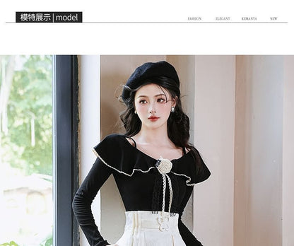 Set: Long-Sleeve Collared Top + High Rise Midi A-Line Skirt