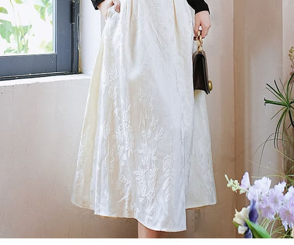 Set: Long-Sleeve Collared Top + High Rise Midi A-Line Skirt