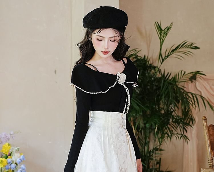 Set: Long-Sleeve Collared Top + High Rise Midi A-Line Skirt