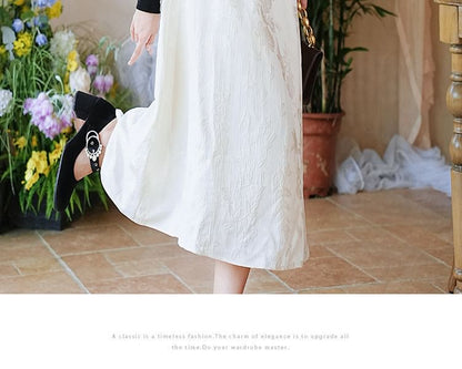 Set: Long-Sleeve Collared Top + High Rise Midi A-Line Skirt